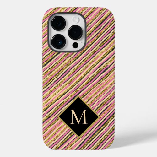 Gold Glitter Modern Stripes Monogram Case_Mate iPhone 14 Pro Case