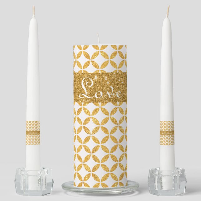 Gold Glitter Modern/White Love - Unity Candle Set (Front)