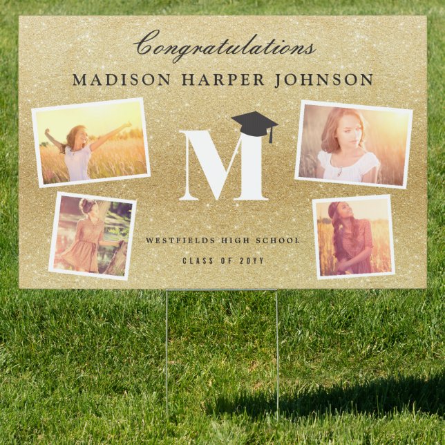 Gold Glitter Monogram 4 Photo Graduation Cap Party Sign (Insitu)