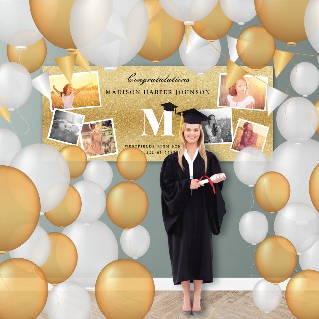 Gold Glitter Monogram 6 Photo Graduation Party Banner (Gold Glitter Name Monogram Chic 6 Photo Chic Graduation Party Banner @ www.zazzle.com/color_therapy)