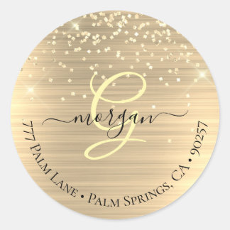 Gold Glitter & Monogram, Black Script Name Address Classic Round Sticker