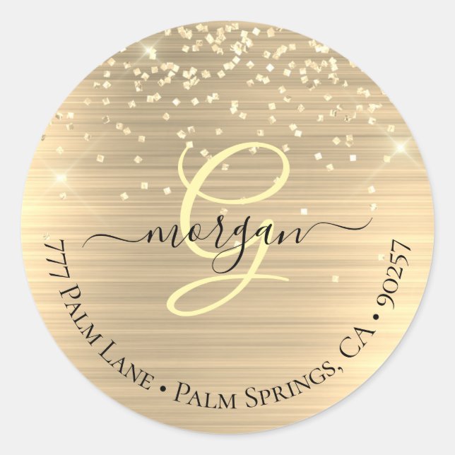 Gold Glitter & Monogram, Black Script Name Address Classic Round Sticker (Front)