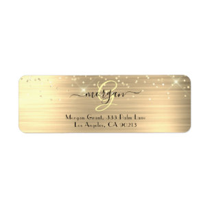 Gold Glitter & Monogram, Black Script Name Address Label