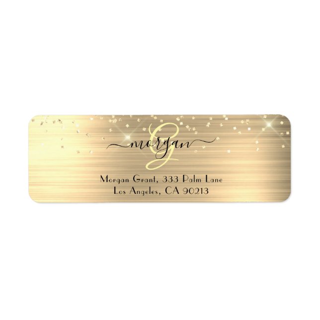 Gold Glitter & Monogram, Black Script Name Address Label (Front)