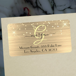 Gold Glitter & Monogram, Black Script Name Address Label