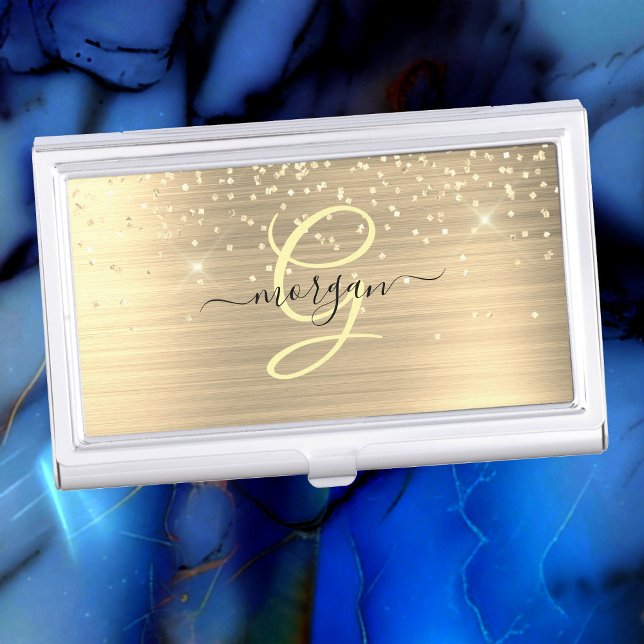 Gold Glitter & Monogram, Black Script Name Business Card Case (Creator Uploaded)
