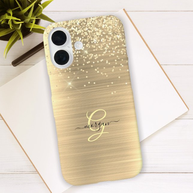 Gold Glitter & Monogram, Black Script Name Case-Mate iPhone Case (Creator Uploaded)