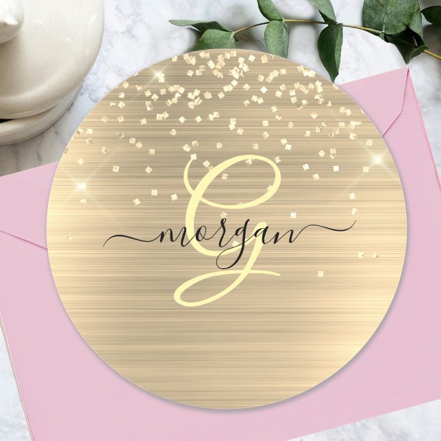 Gold Glitter & Monogram, Black Script Name Classic Round Sticker (Creator Uploaded)