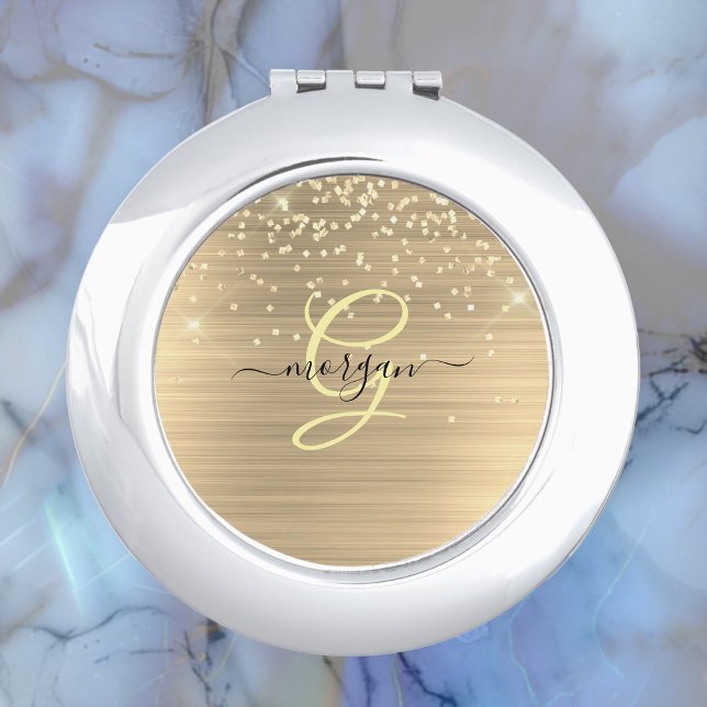 Gold Glitter & Monogram, Black Script Name Compact Mirror (Creator Uploaded)