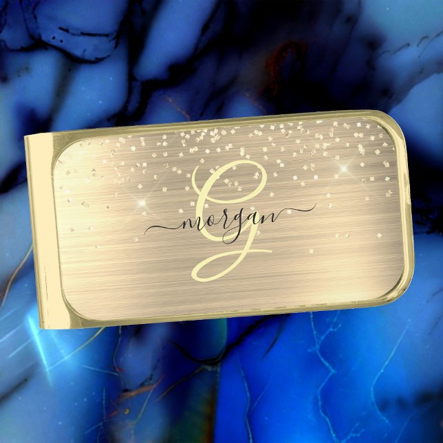 Gold Glitter & Monogram, Black Script Name Gold Finish Money Clip (Creator Uploaded)