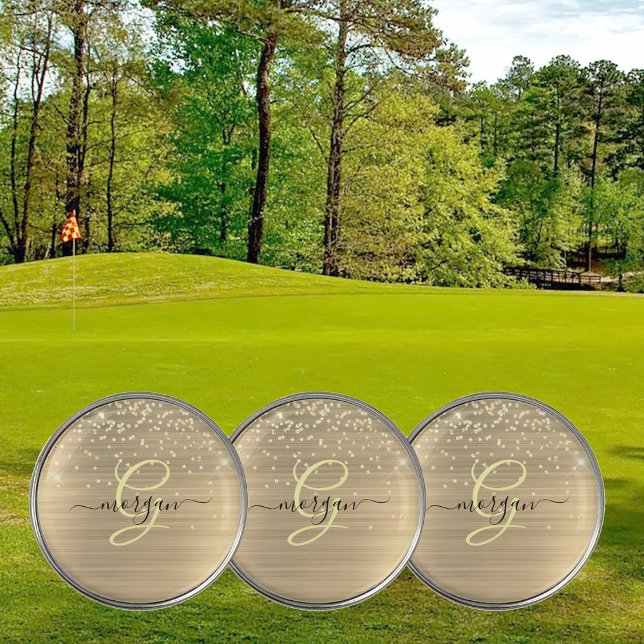 Gold Glitter & Monogram, Black Script Name Golf Ball Marker (Creator Uploaded)