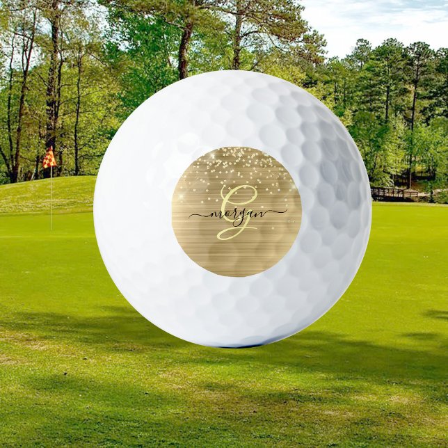 Gold Glitter & Monogram, Black Script Name Golf Balls (Creator Uploaded)