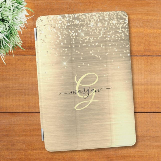 Gold Glitter & Monogram, Black Script Name iPad Mini Cover (Creator Uploaded)