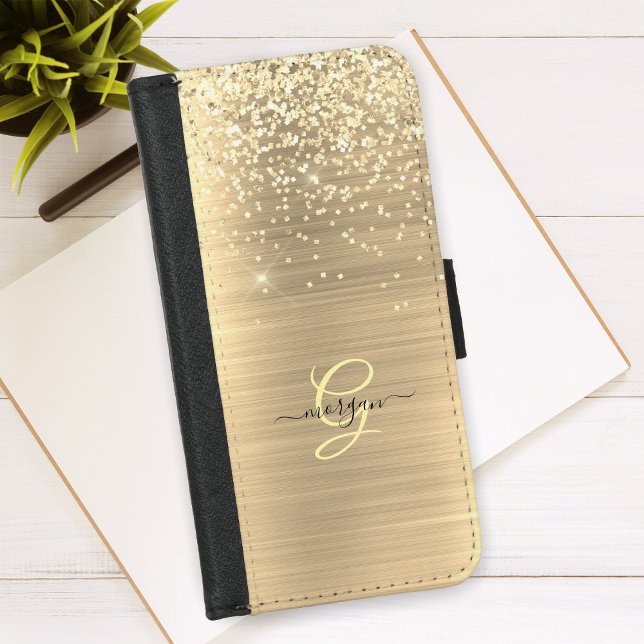 Gold Glitter & Monogram, Black Script Name iPhone Wallet Case (Creator Uploaded)