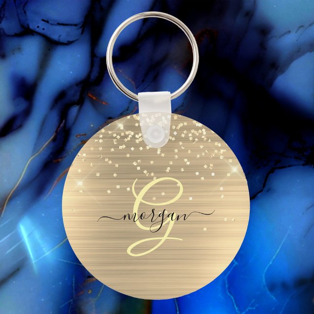 Gold Glitter & Monogram, Black Script Name Keychain (Creator Uploaded)
