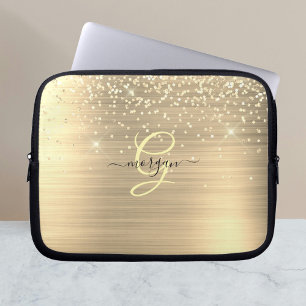Gold Glitter & Monogram, Black Script Name Laptop Sleeve