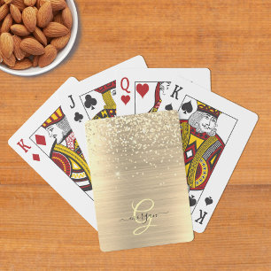 Gold Glitter & Monogram, Black Script Name Poker Cards