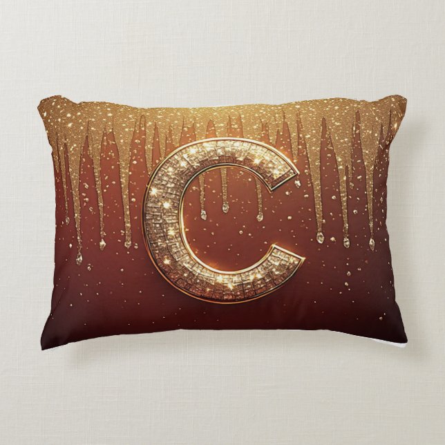 Gold Glitter Monogram C Letter Red Initial Accent Pillow (Front)