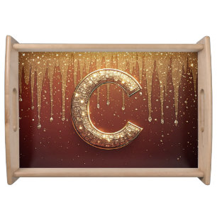 Gold Glitter Monogram C Letter Red Initial Serving Tray