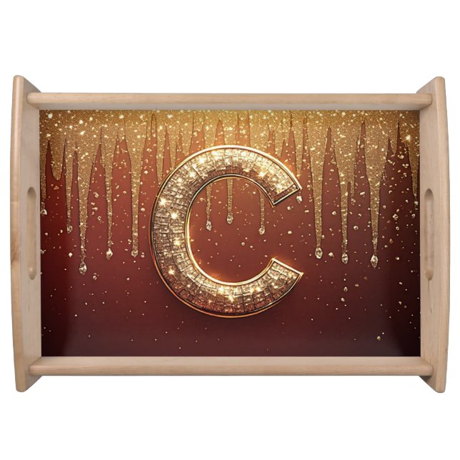 Gold Glitter Monogram C Letter Red Initial Serving Tray (Front)