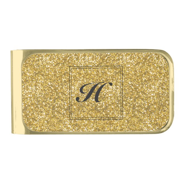 Gold glitter monogram gold finish money clip (Front)