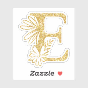 Gold Glitter Monogram Initial E Floral Sticker