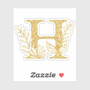 Gold Glitter Monogram Initial H Floral Sticker