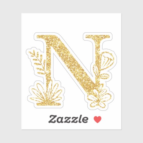 Gold Glitter Monogram Initial N Floral Sticker