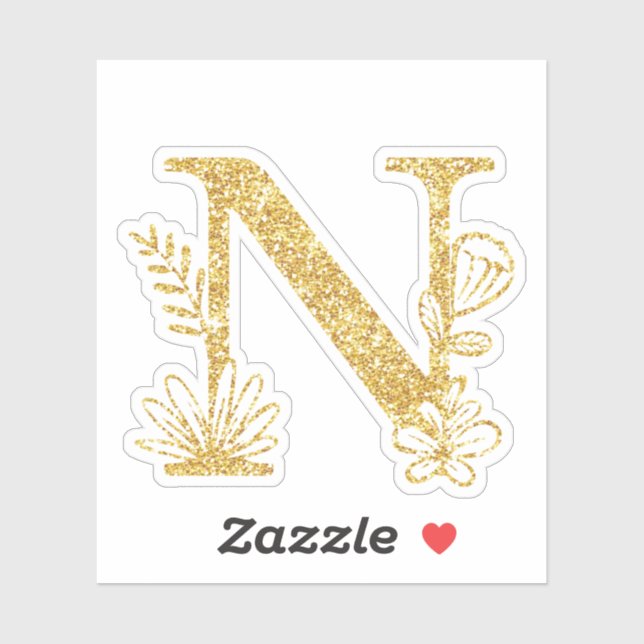 Gold Glitter Monogram Initial N Floral Sticker (Sheet)