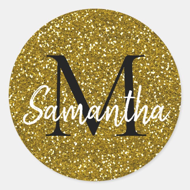 Gold Glitter Monogram Initial Name Classic Round Sticker (Front)