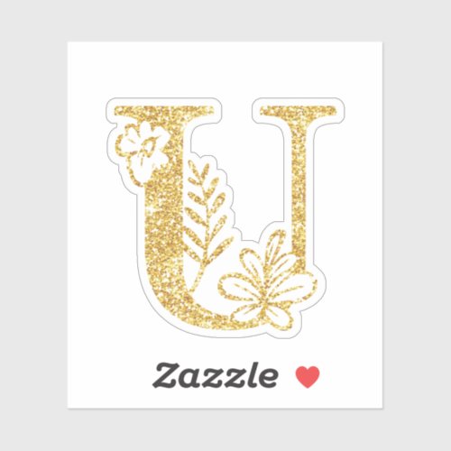 Gold Glitter Monogram Initial U Floral Sticker