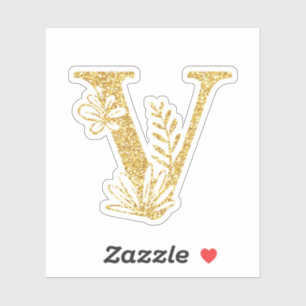 Gold Glitter Monogram Initial V Floral Sticker