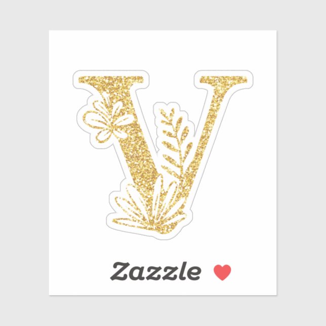 Gold Glitter Monogram Initial V Floral Sticker (Sheet)