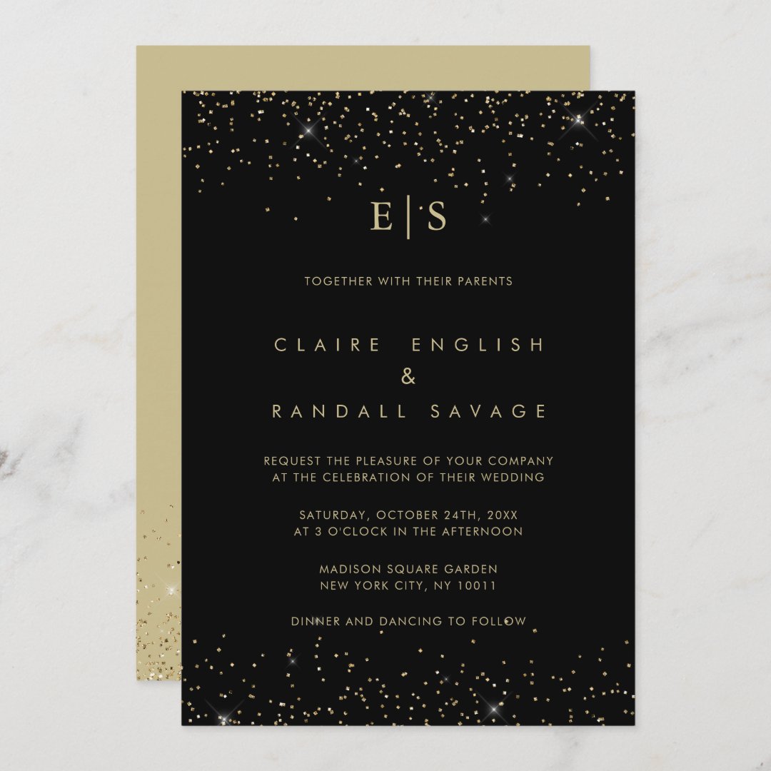 Gold Glitter Monogram Last Name Initial Wedding Invitation | Zazzle