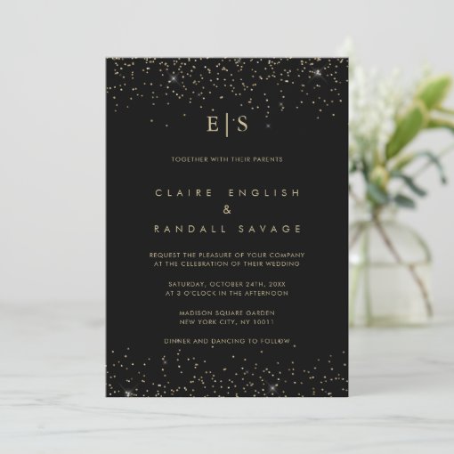 Gold Glitter Monogram Last Name Initial Wedding Invitation | Zazzle