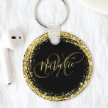 Gold Glitter Monogram Name Black Glamorous Keychain<br><div class="desc">Easily personalize this luxury glam gold glitter framed keychain with your custom name and monogram.</div>