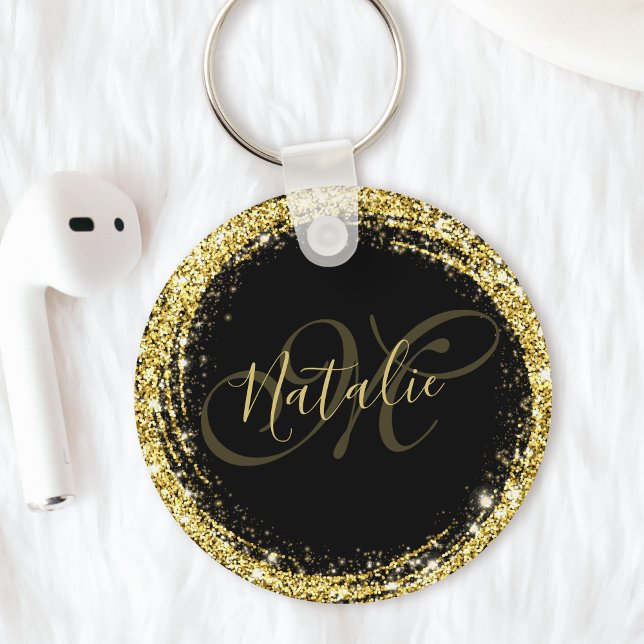 Gold Glitter Monogram Name Black Glamorous Keychain (Creator Uploaded)