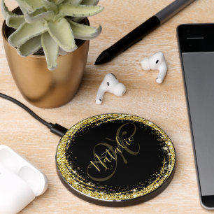 Gold Glitter Monogram Name Black Glamorous Wireless Charger