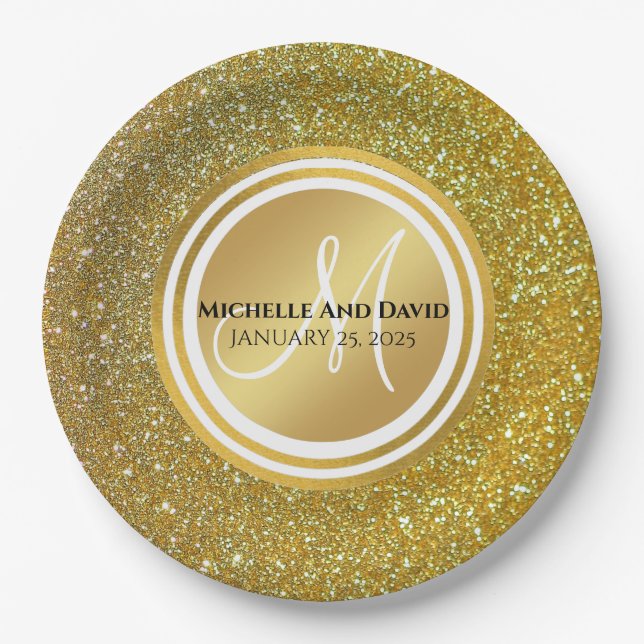 Gold Glitter Monogram newlywed wedding  Paper Plates (Front)