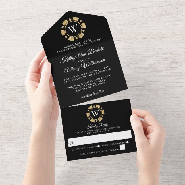 Gold Glitter Monogram Poker Chip Casino Wedding All In One Invitation (Tearaway)