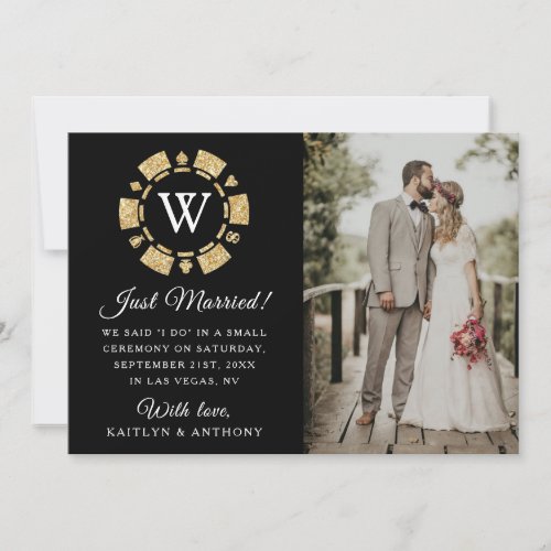 Gold Glitter Monogram Poker Chip Casino Wedding Announcement