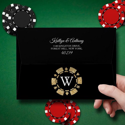 Gold Glitter Monogram Poker Chip Casino Wedding Envelope