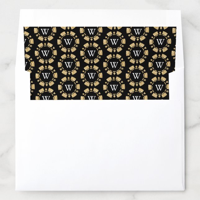Gold Glitter Monogram Poker Chip Casino Wedding Envelope Liner (In Envelope)