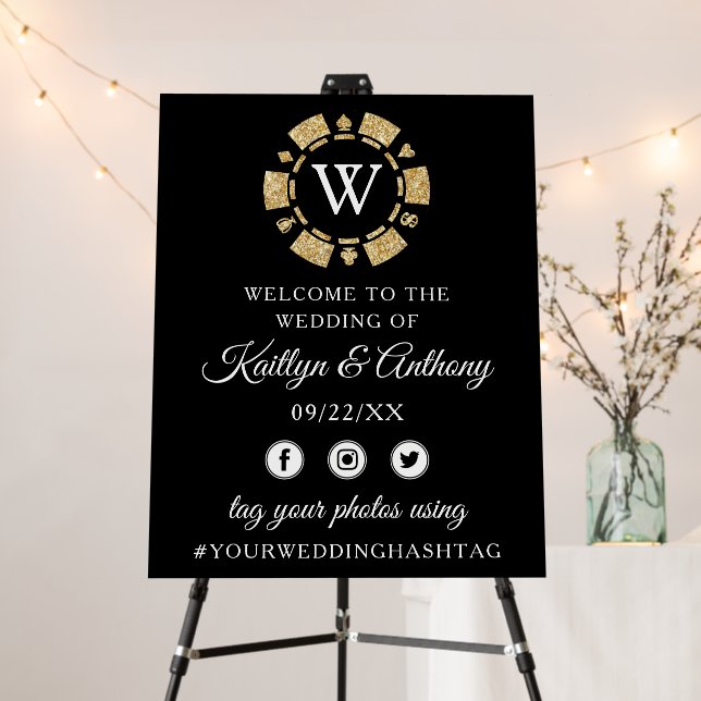 Gold Glitter Monogram Poker Chip Casino Wedding Foam Board (In Situ (Stand))