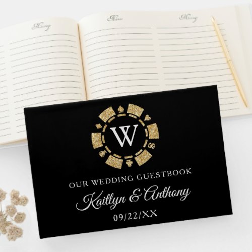 Gold Glitter Monogram Poker Chip Casino Wedding Guest Book