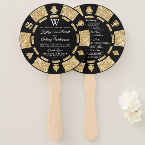 Gold Glitter Monogram Poker Chip Casino Wedding Hand Fan