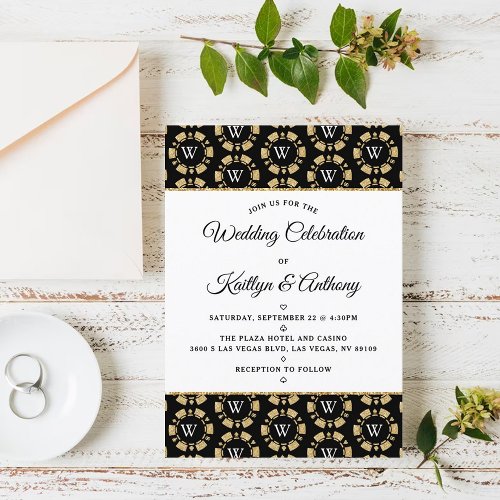 Gold Glitter Monogram Poker Chip Casino Wedding Invitation