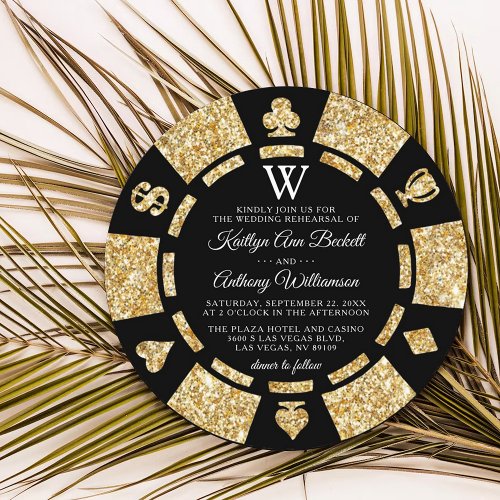 Gold Glitter Monogram Poker Chip Casino Wedding Invitation