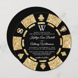 Gold Glitter Monogram Poker Chip Casino Wedding Invitation