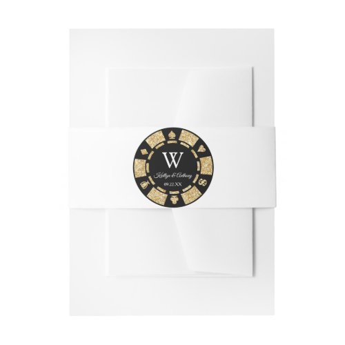 Gold Glitter Monogram Poker Chip Casino Wedding Invitation Belly Band